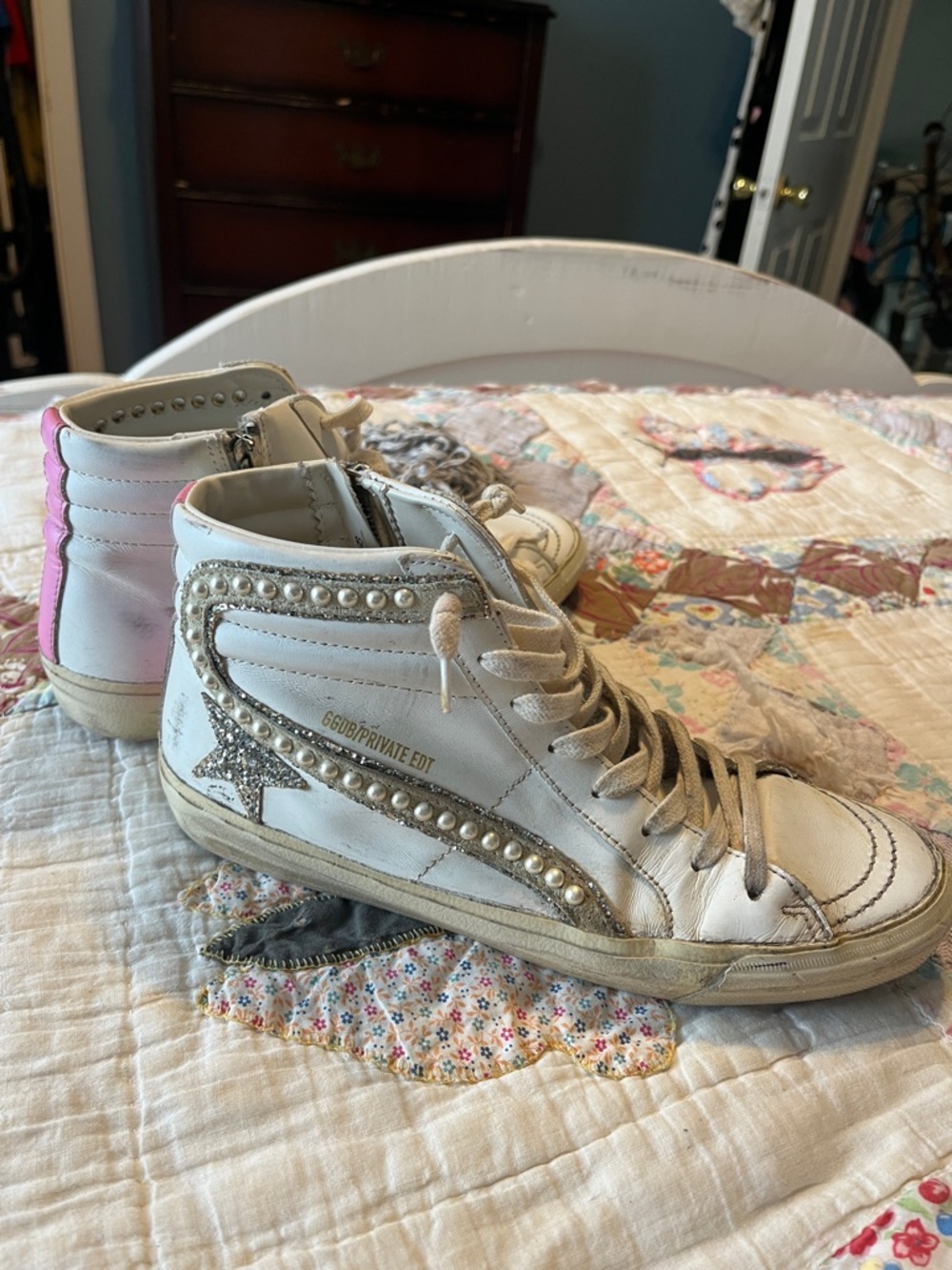 Golden Goose Super-Star High-Top Sneakers with Pearl Trim